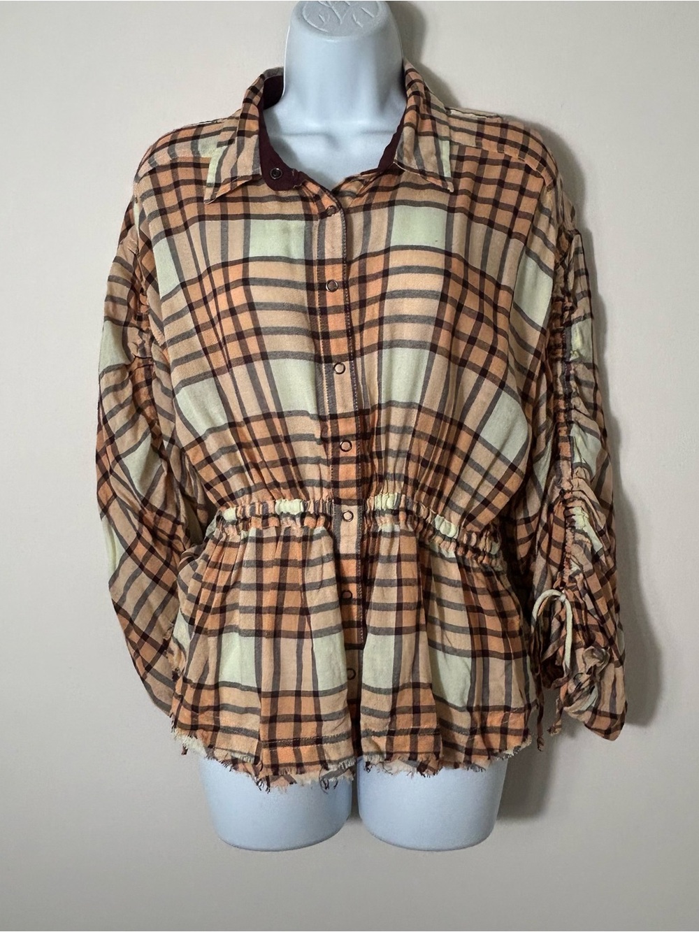 New We The Free People Pacific Dawn Top Small Plaid Ruched Boho Fringe Snaps